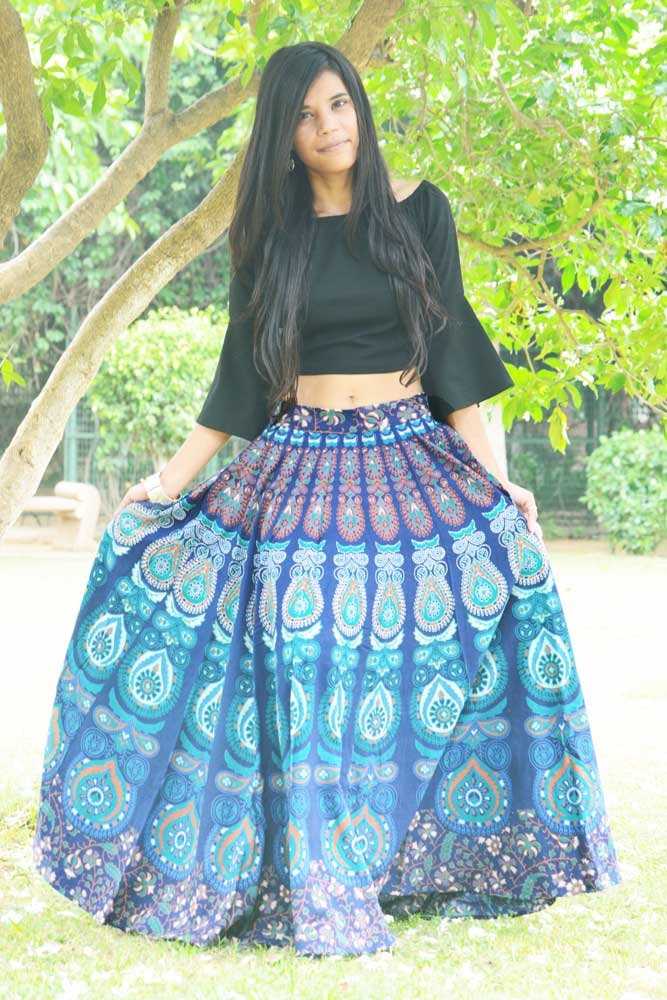 Blue Boho Skirt, Indian Gypsy Skirt, Mandala Maxi Bohemian Skirt Blue Hippie Cotton Skirt Ethnic Skirt Hippie Boho Skirt Floral Circle Skirt