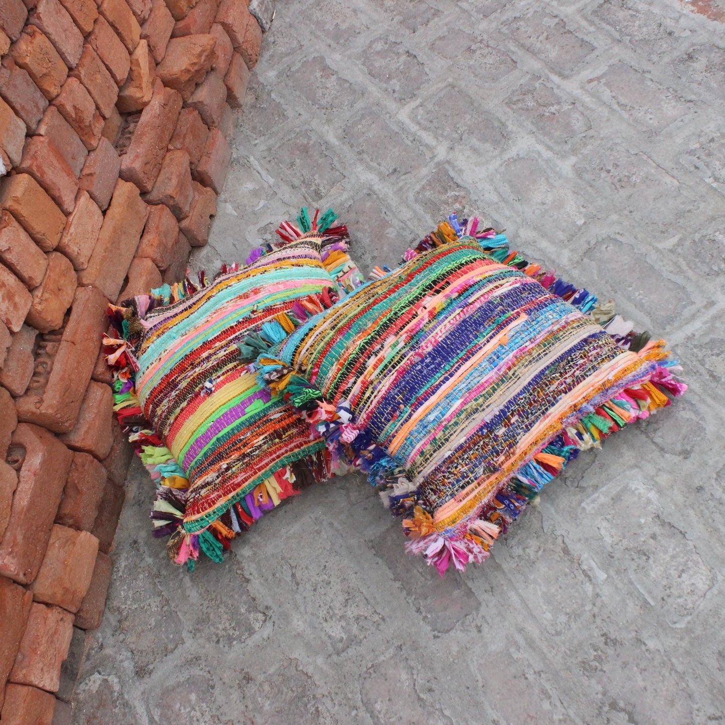 Colorful Boho Pillow Cover Rug Pillow, Indian Bohemian Pillow With Fringes, Rag Rug Pillow, Decorative Throw Pillow, Accent Farmhouse Pillow
