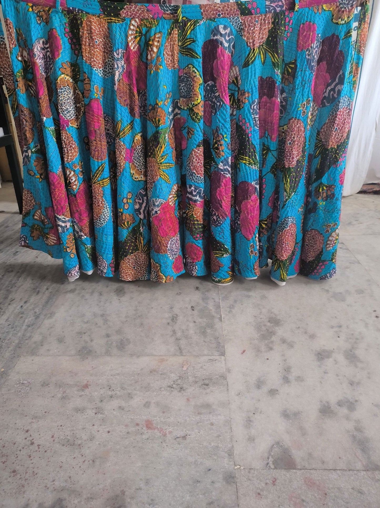 Turquoise Indian Boho Kantha Wrap Skirt Floral India Clothing Maxi Skirt Bohemian Hippie Long Skirt for Women Gypsy Cotton Full Indian Skirt