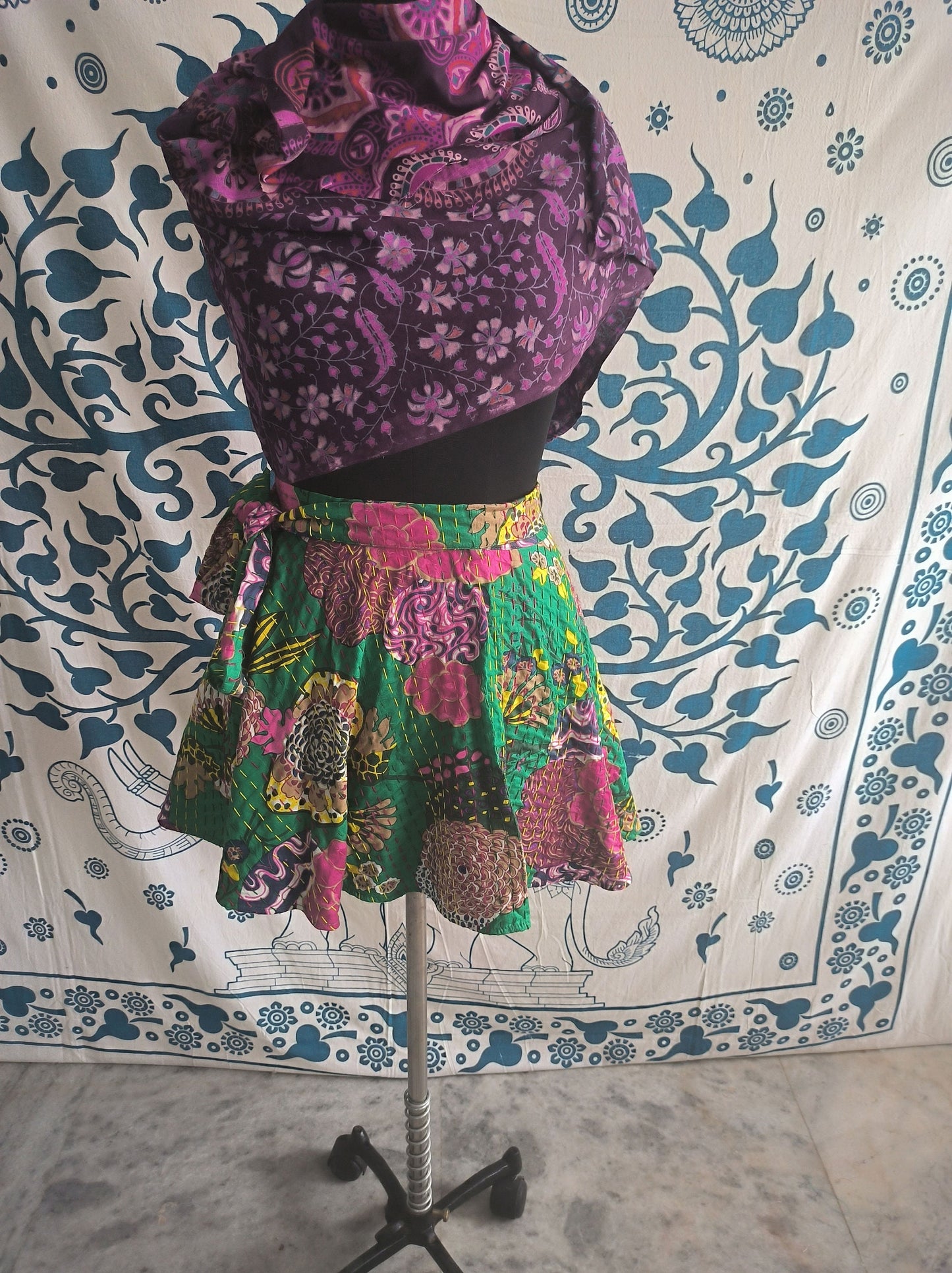Green Indian Boho Kantha Wrap Skirt Floral India Clothing Maxi Skirt Bohemian Hippie Long Skirt for Women Gypsy Cotton Full Indian Skirt