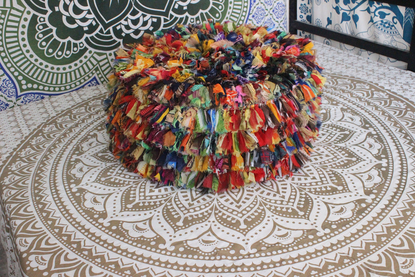 Amazing Pouf Ottomon Rag Rug Cover Accent Colorful Bag Rainbow Multicolor Pouffe Ottoman Puff Cover