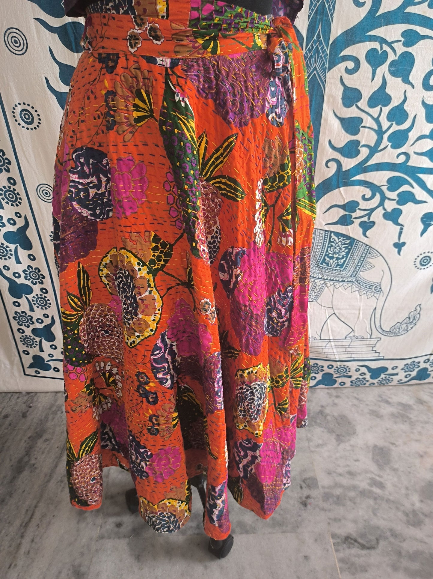Orange Indian Boho Kantha Wrap Skirt Floral India Clothing Maxi Skirt Bohemian Hippie Long Skirt for Women Gypsy Cotton Full Indian Skirt