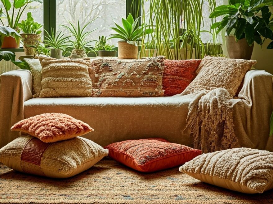 Cozy boho living room with earthy textured pillows and indoor plants
