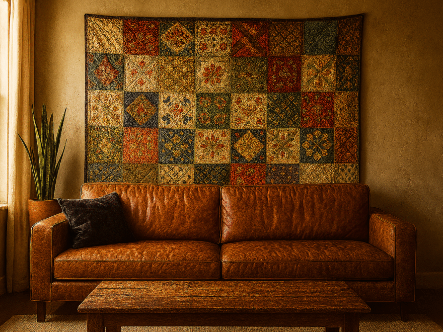 Handmade patchwork tapestry hanging on aged wall above a brown leather sofa in a cozy boho-inspired living room with natural light