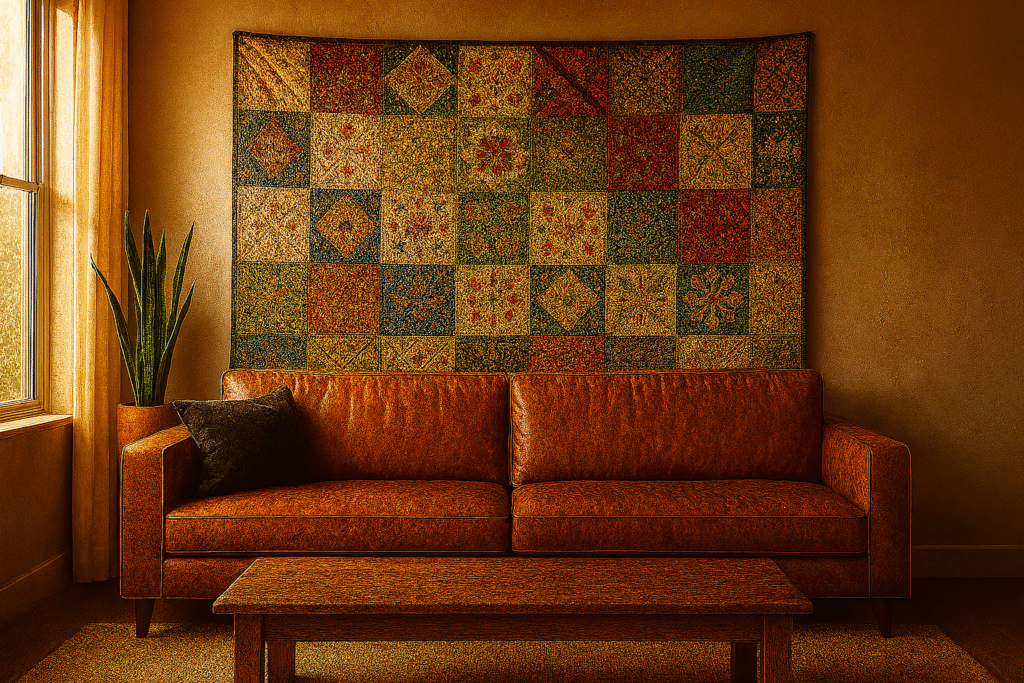Handmade patchwork tapestry trippy hanging on aged wall above a brown leather sofa in a cozy boho-inspired living room with natural light