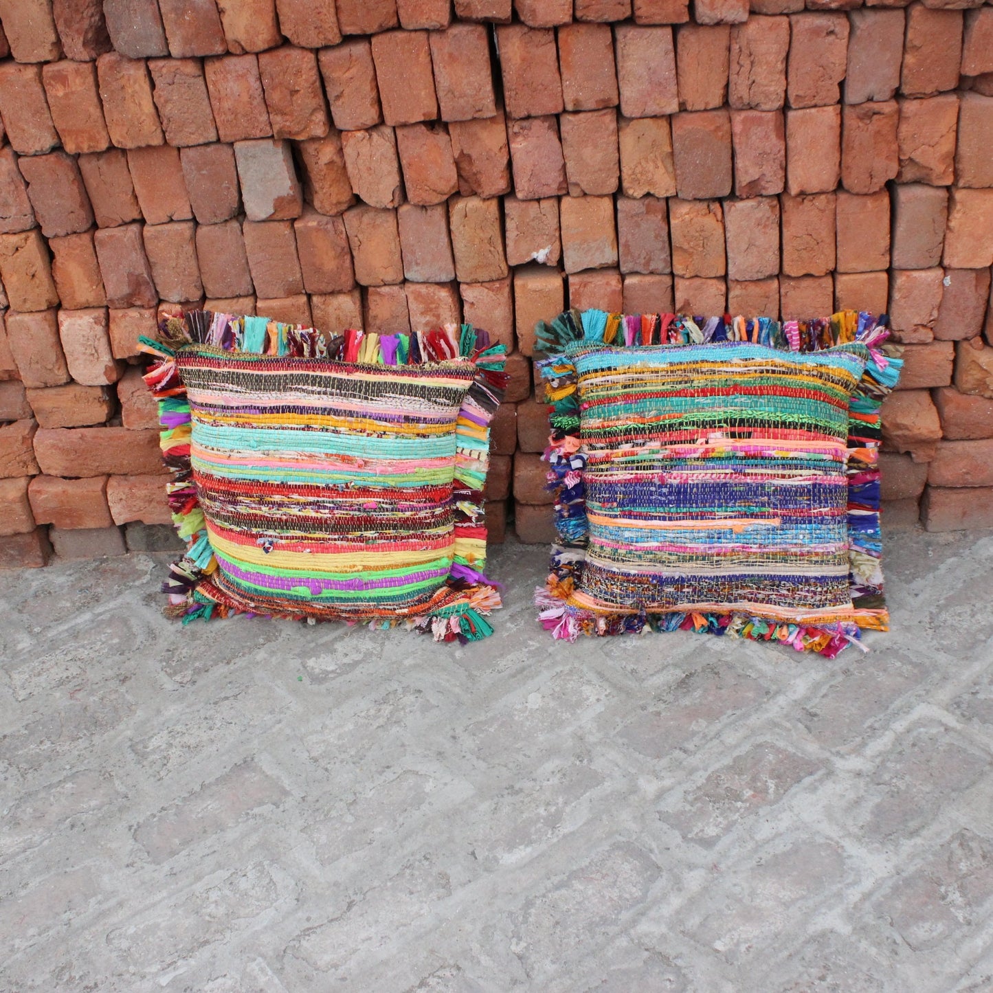 Colorful Boho Pillow Cover Rug Pillow, Indian Bohemian Pillow With Fringes, Rag Rug Pillow, Decorative Throw Pillow, Accent Farmhouse Pillow