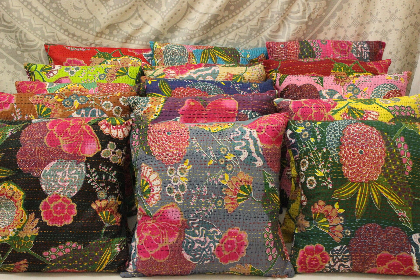 Floral Kantha Boho Pillow Cover Indian Bohemian Pillow Farmhouse Pillow Handmade Decorative Throw Pillow Accent Pillow Embroidered Pillow