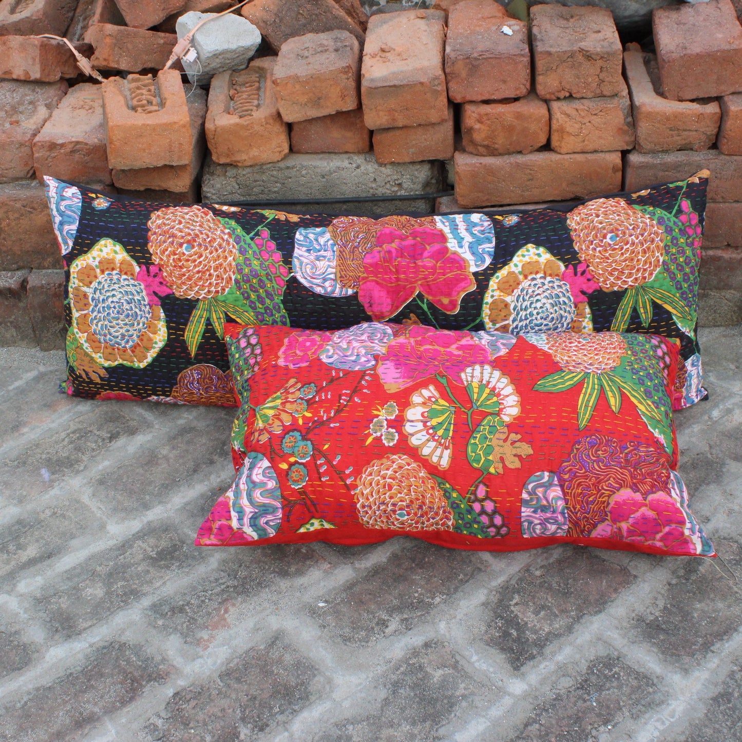 Lumbar Boho Pillow Cover Indian Throw Pillow Farmhouse Pillow Kantha Pillow Bohemian Pillows Handmade Decorative Floral Embroidered Pillow