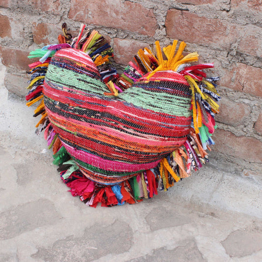 Boho Heart Pillow Indian Decorative Throw Pillow Mother's Day Gift Indian Bohemian Pillow With Fringes Rug Pillow, Colorful Rag Rug Pillow