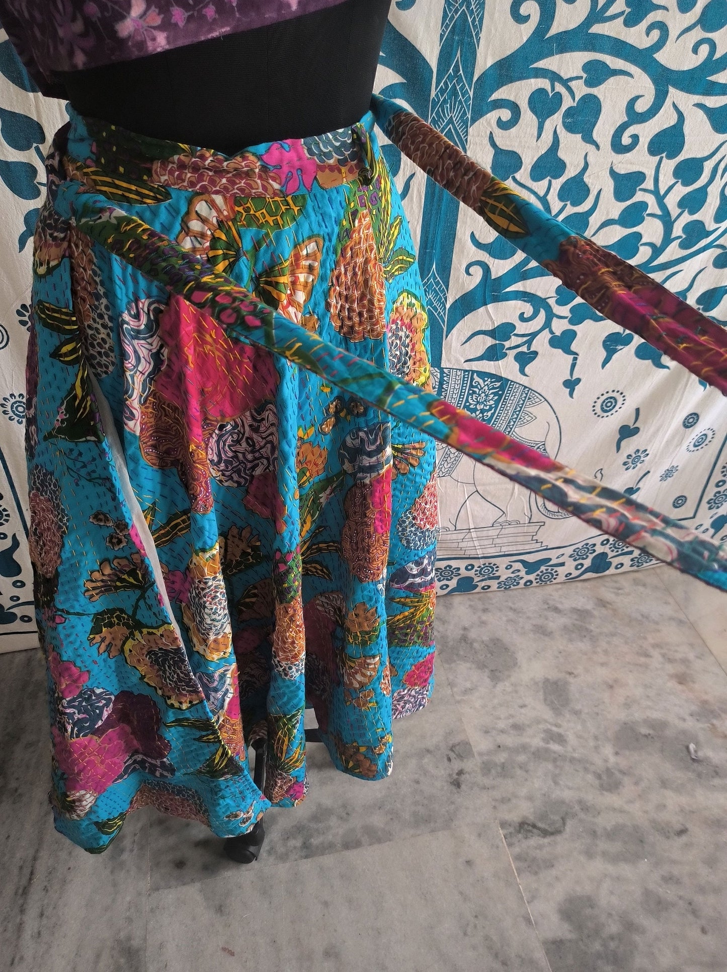 Turquoise Indian Boho Kantha Wrap Skirt Floral India Clothing Maxi Skirt Bohemian Hippie Long Skirt for Women Gypsy Cotton Full Indian Skirt