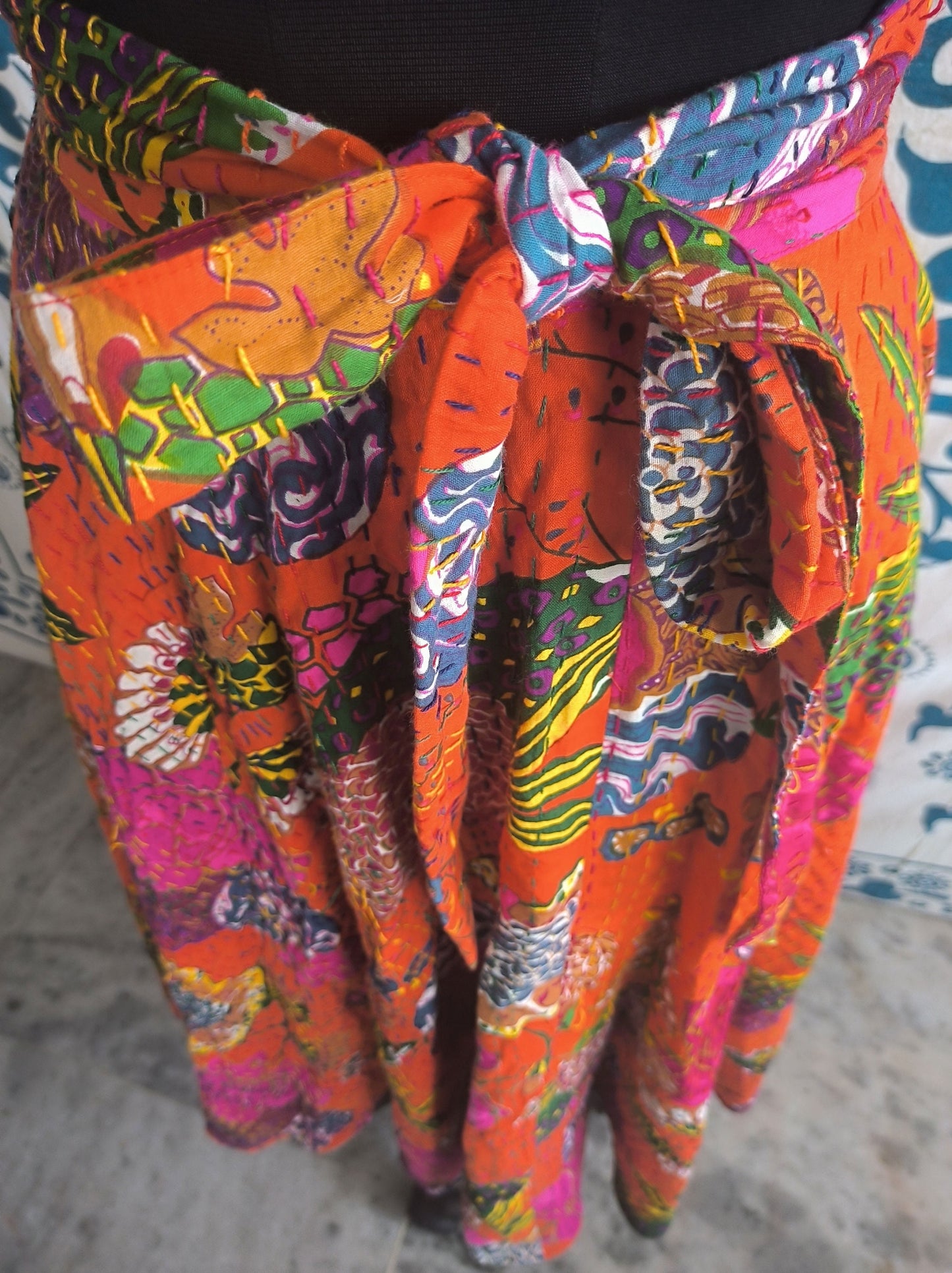 Orange Indian Boho Kantha Wrap Skirt Floral India Clothing Maxi Skirt Bohemian Hippie Long Skirt for Women Gypsy Cotton Full Indian Skirt